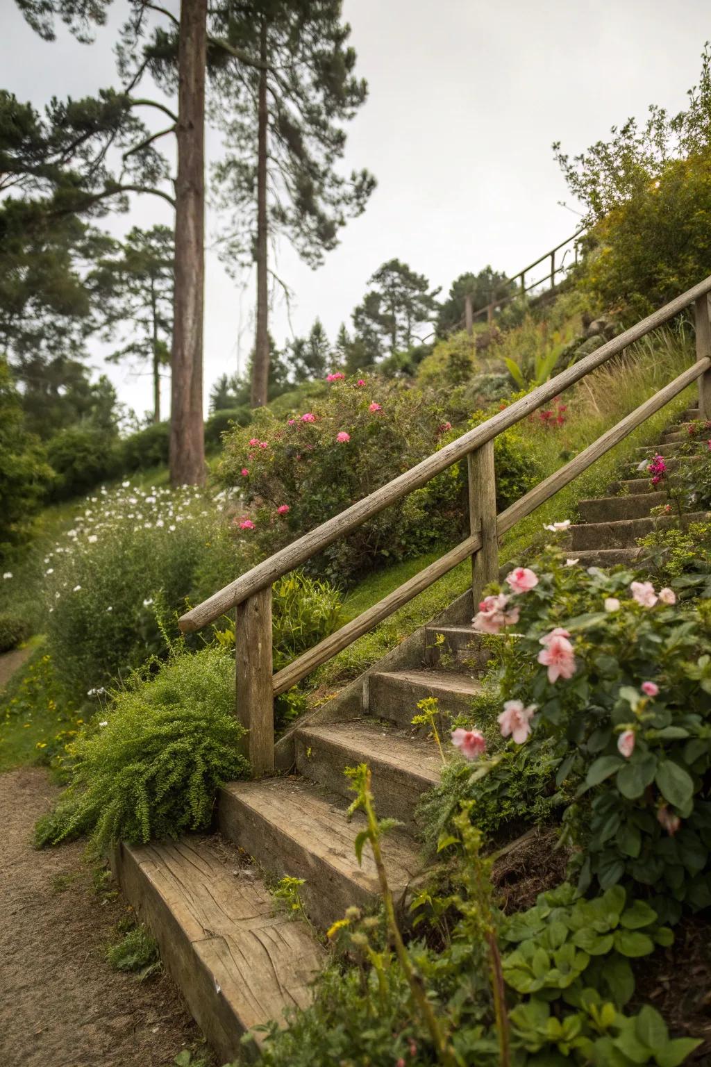 Rustic wooden railings add warmth and charm to any garden staircase.