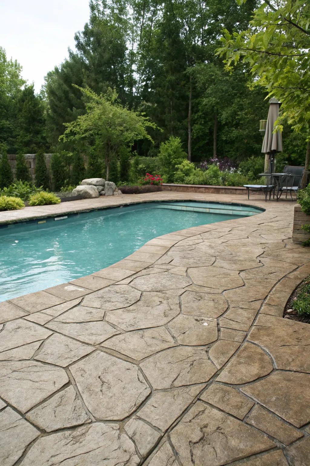Poolside elegance with stamped concrete that mimics natural stone.