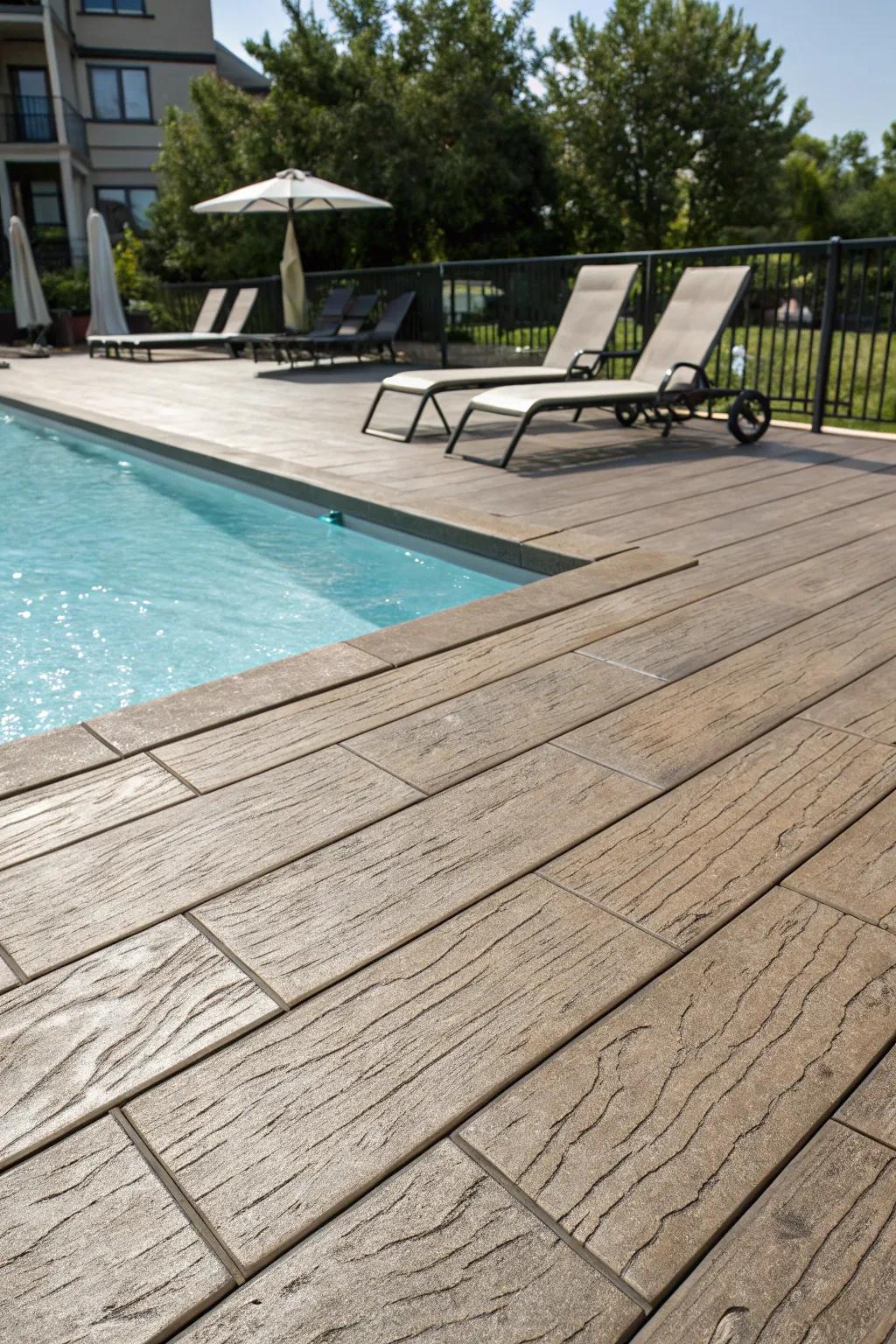 Get the look of a wood deck with stamped concrete's durability.