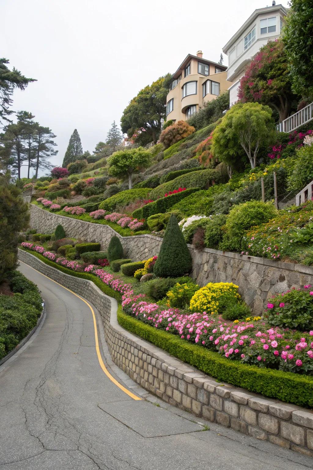 Terraced gardens add beauty and functionality to steep driveways.