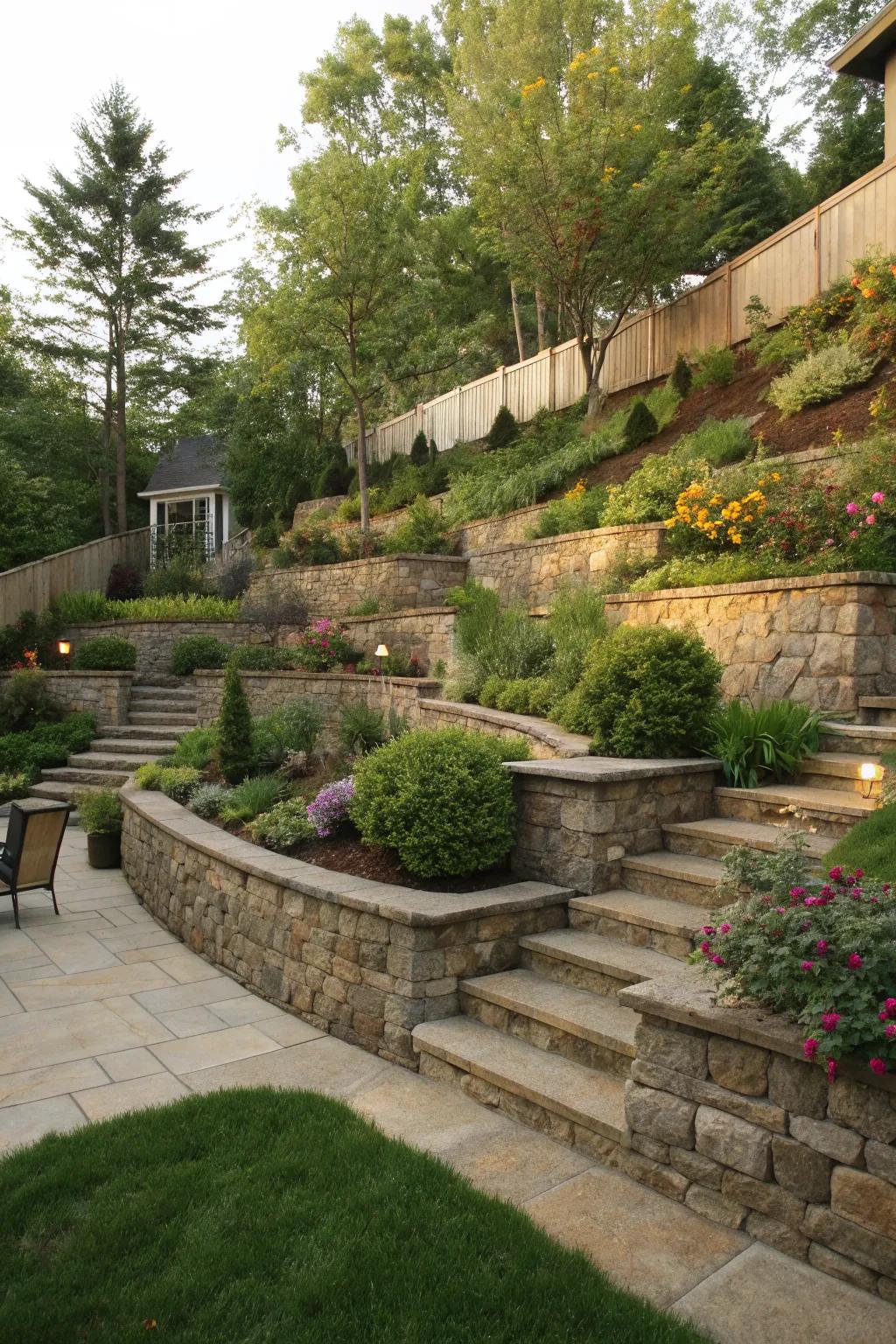 Terracing transforms slopes into functional garden areas.