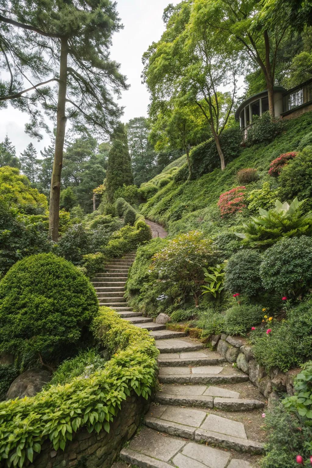 Stone pathways elegantly weaving through a steep garden slope.