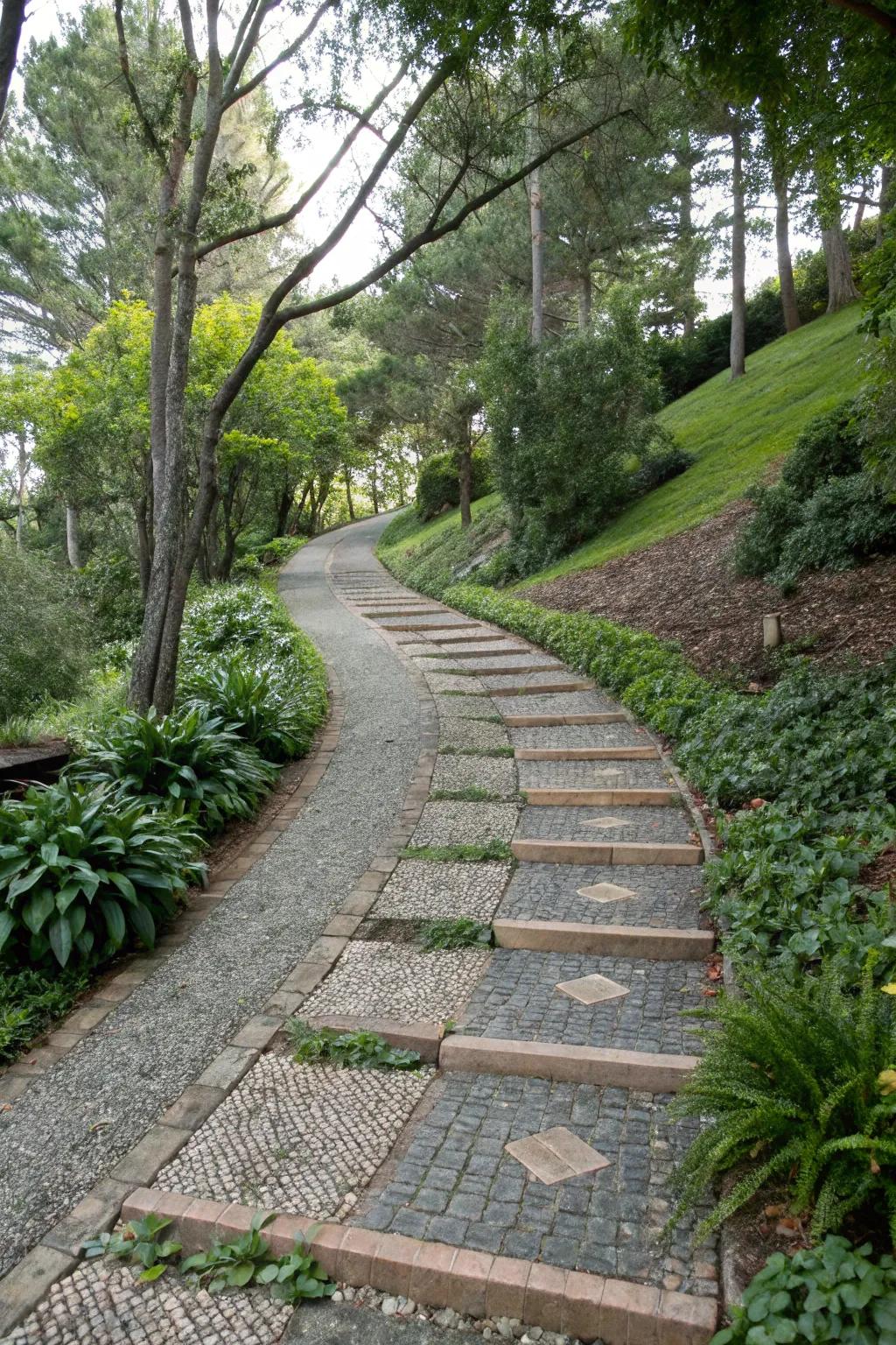 A mix of gravel and pavers adds texture and safety to a steep driveway.