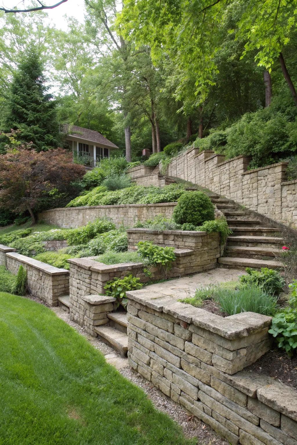 Stone retaining walls add structure and beauty to sloped spaces.