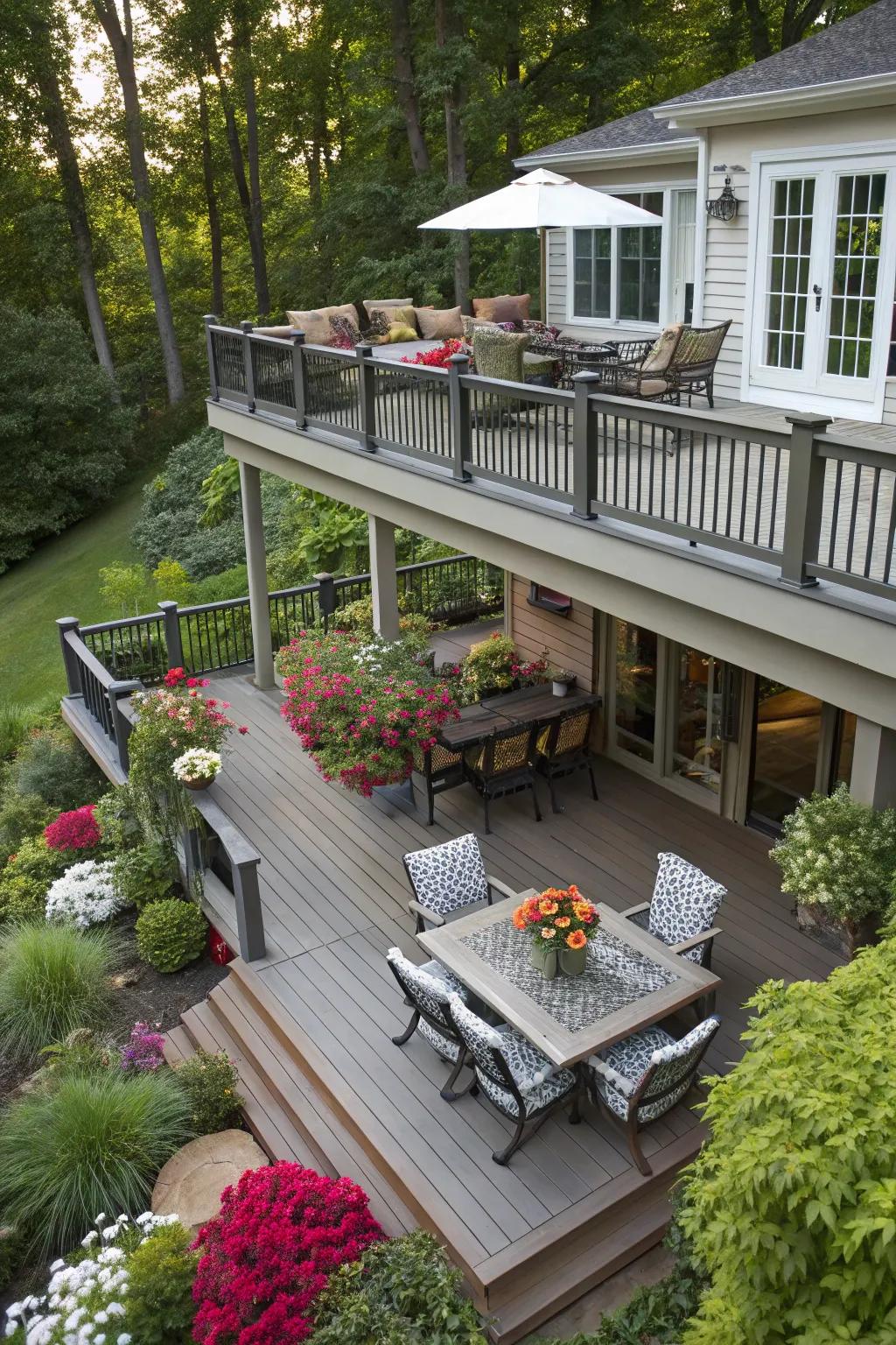 A multi-level deck creates separate zones for relaxation and dining.