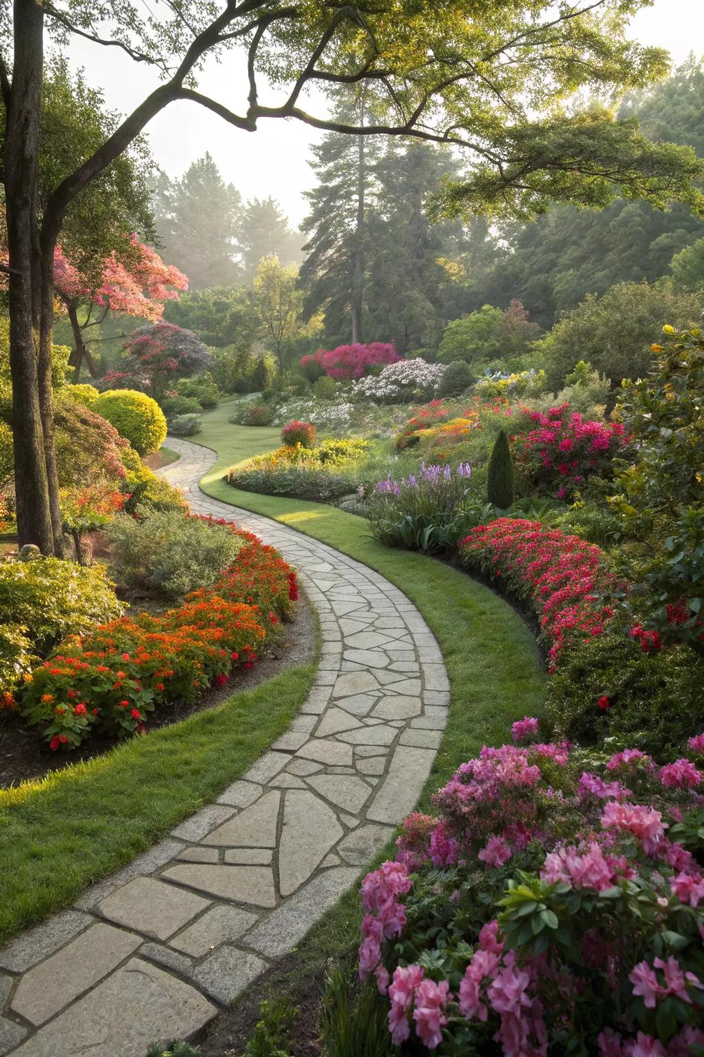 A graceful curved stone pathway meandering through a vibrant garden.