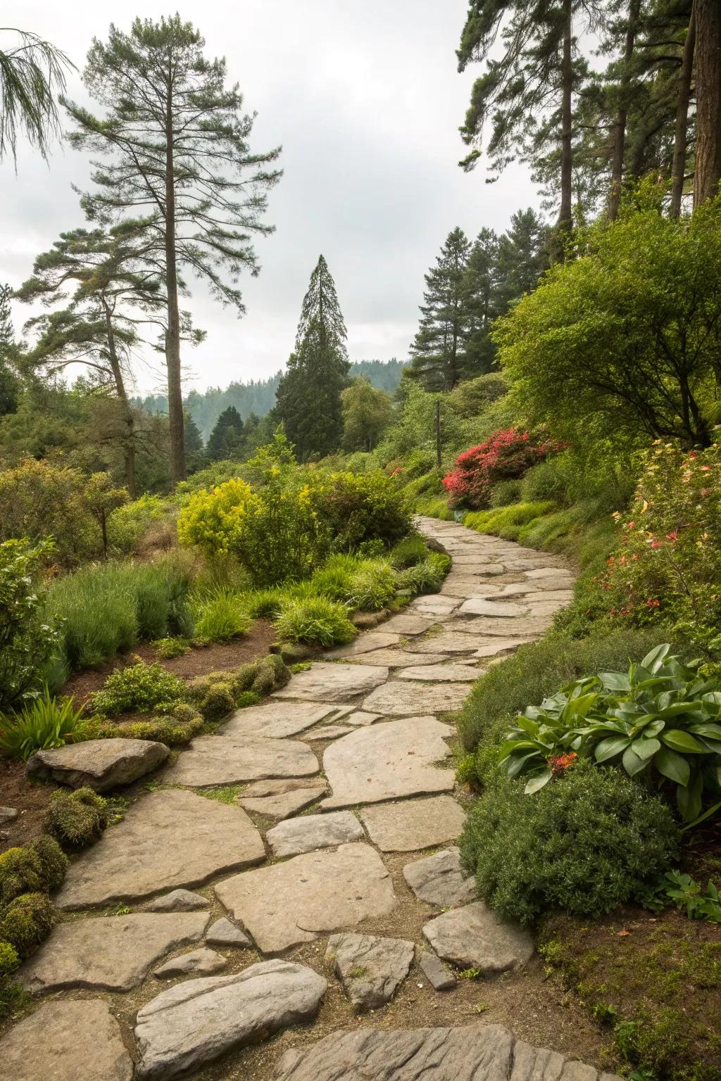 A rustic path using large natural stones, creating a serene garden retreat