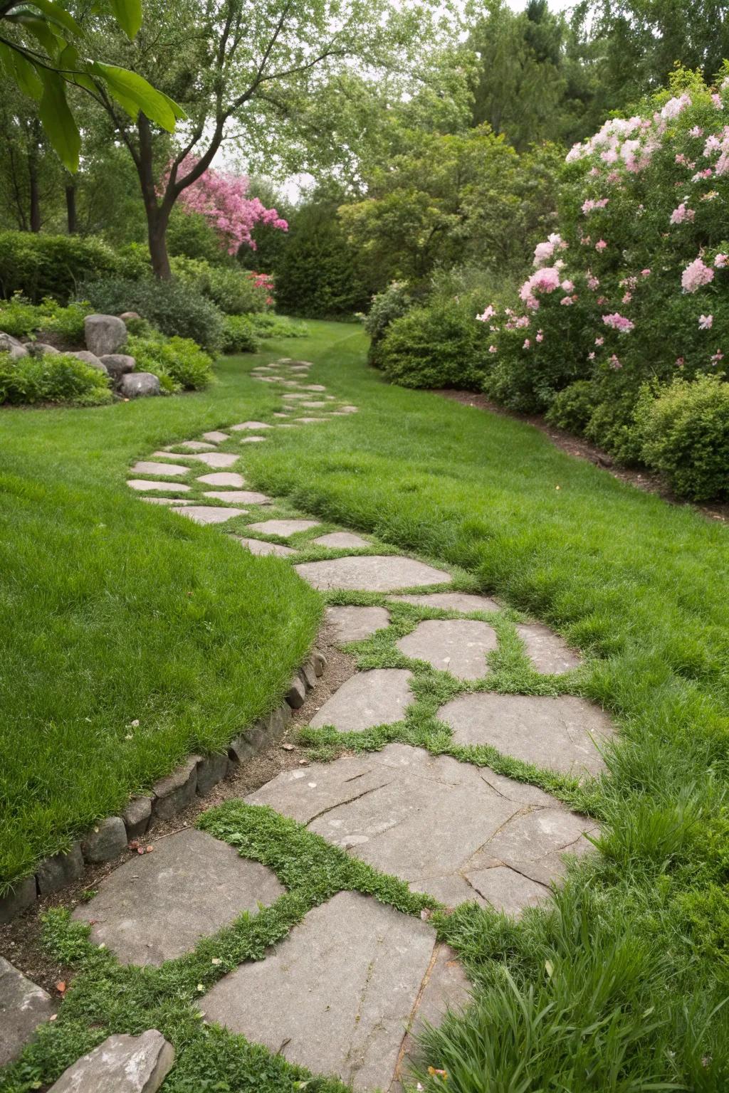 A classic flagstone path meandering through a lush garden.