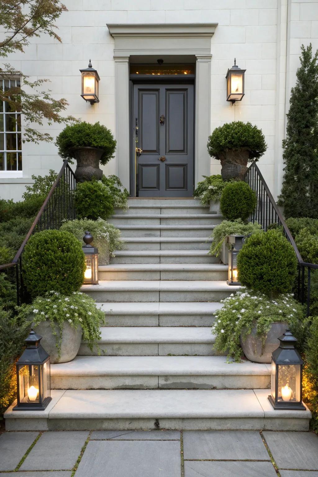Symmetrical elegance with matching planters and lanterns