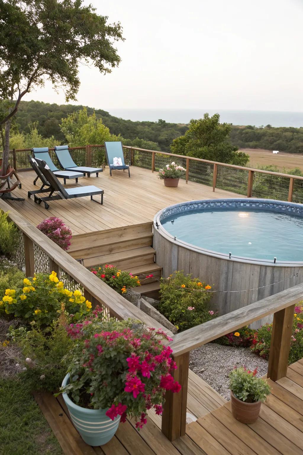 Elevate your pool experience with a stylish wooden platform.