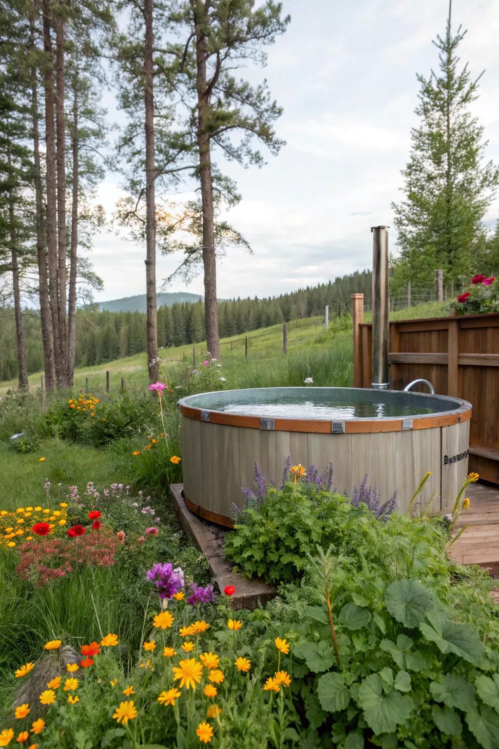Immerse yourself in nature with a garden-surrounded stock tank hot tub.