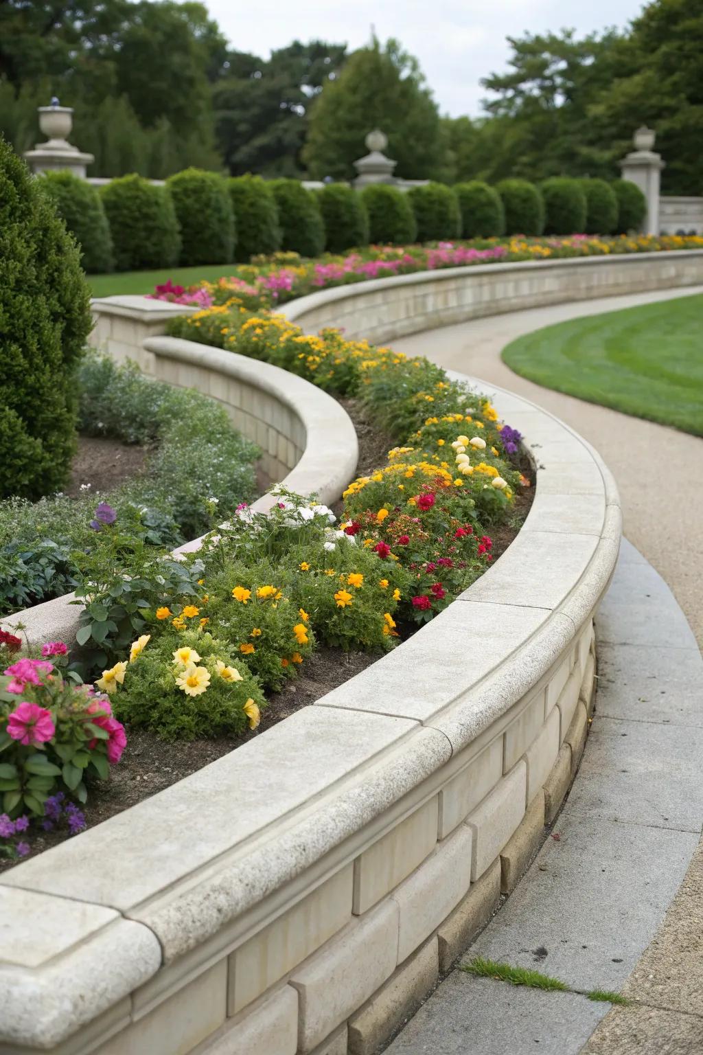 Classic curved stone edging adds timeless elegance to any garden.