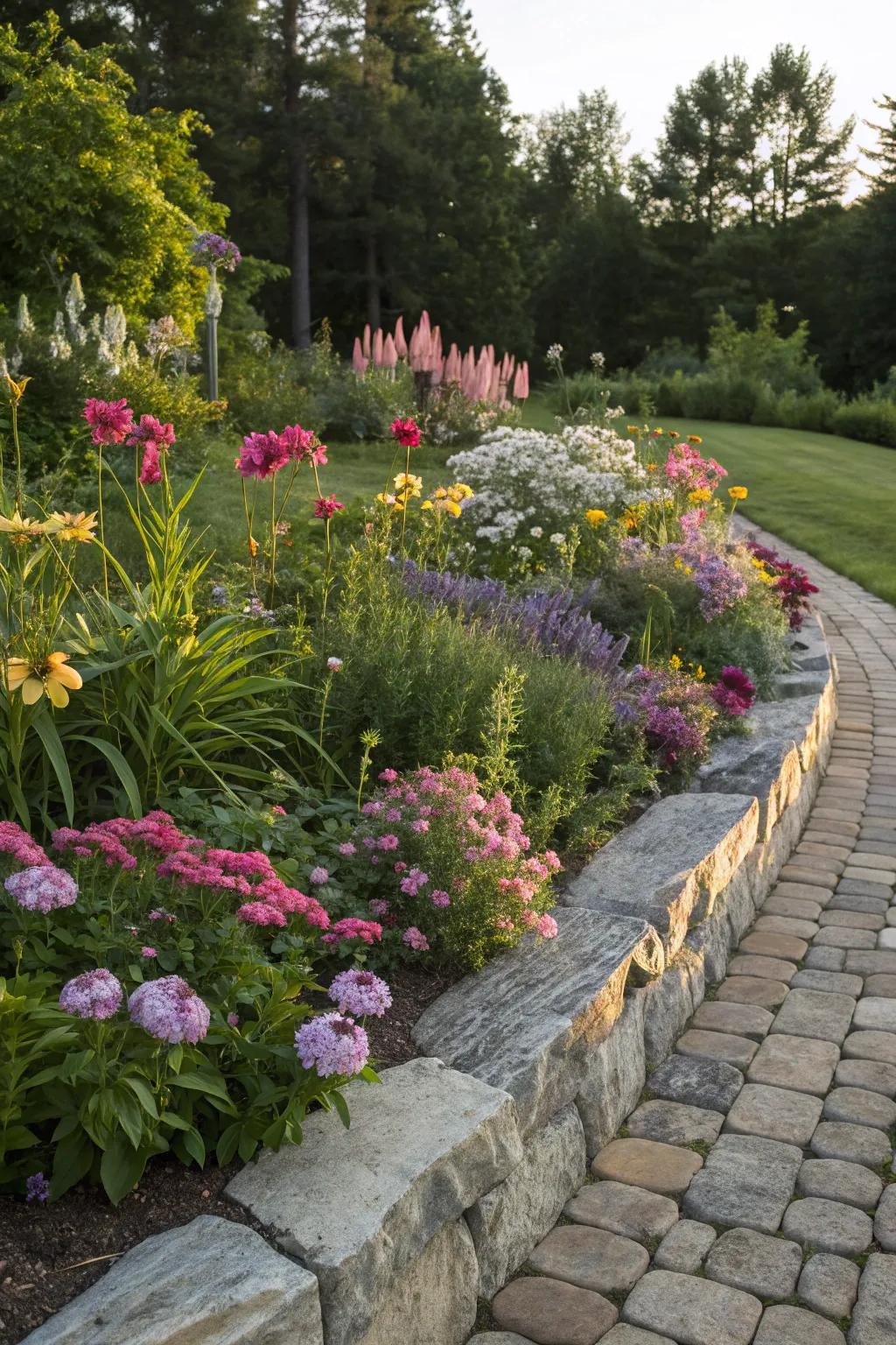 Natural stone edging adds rustic charm to this vibrant flower bed.