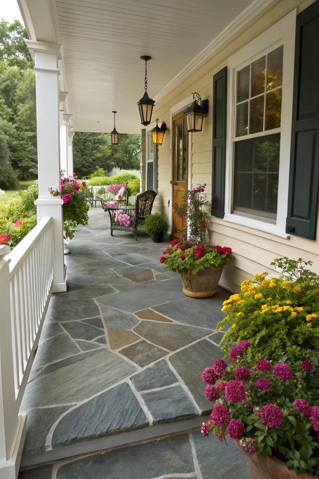Slate flagstone flooring adds a touch of elegance to any front porch.