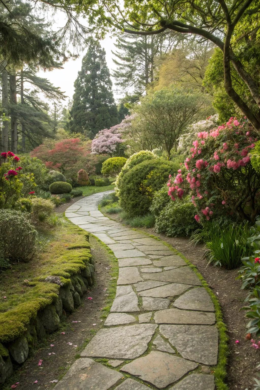 A natural stone pathway gracefully weaving through a vibrant garden.