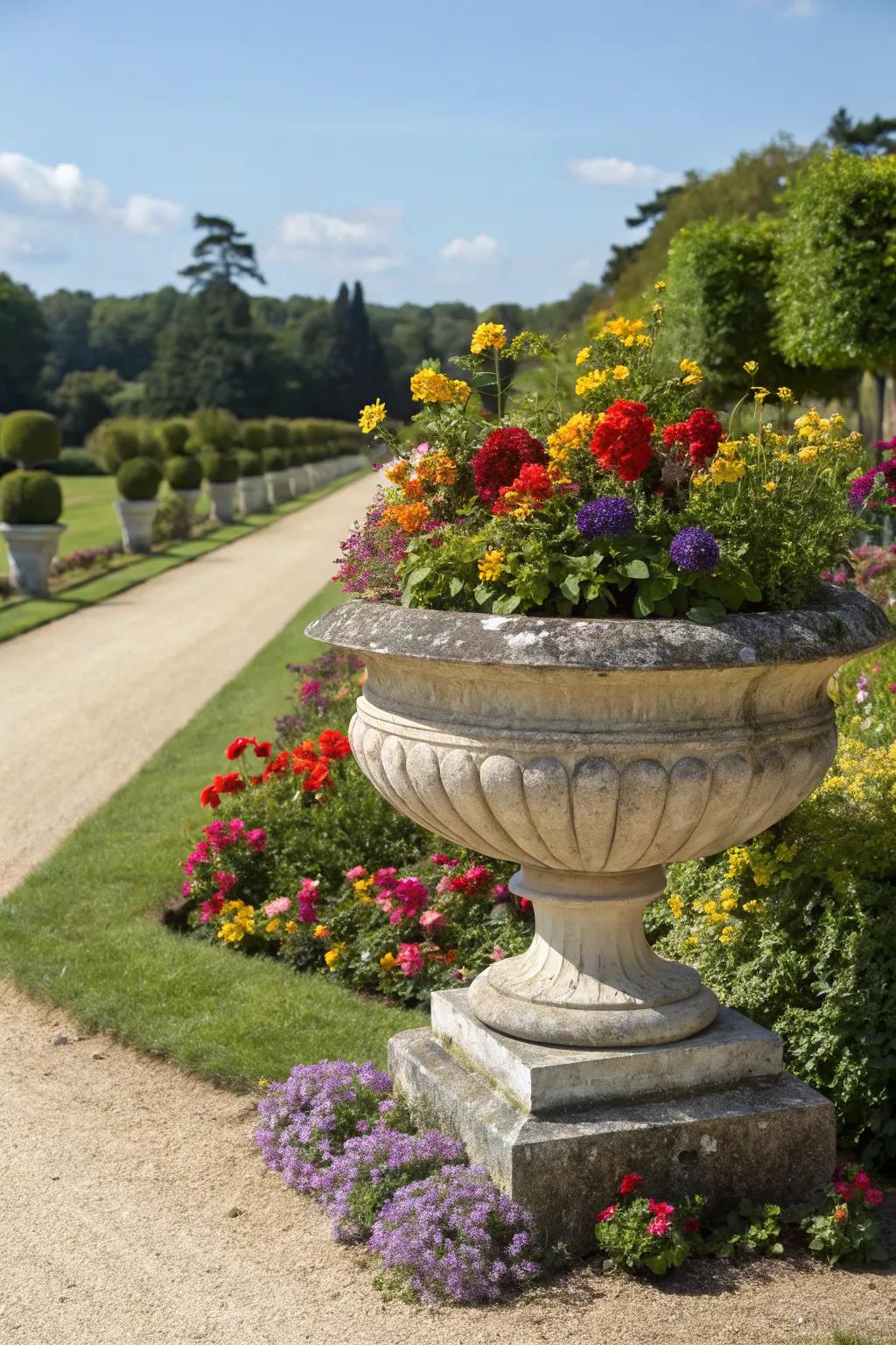 A raised stone planter showcasing vibrant blooms.