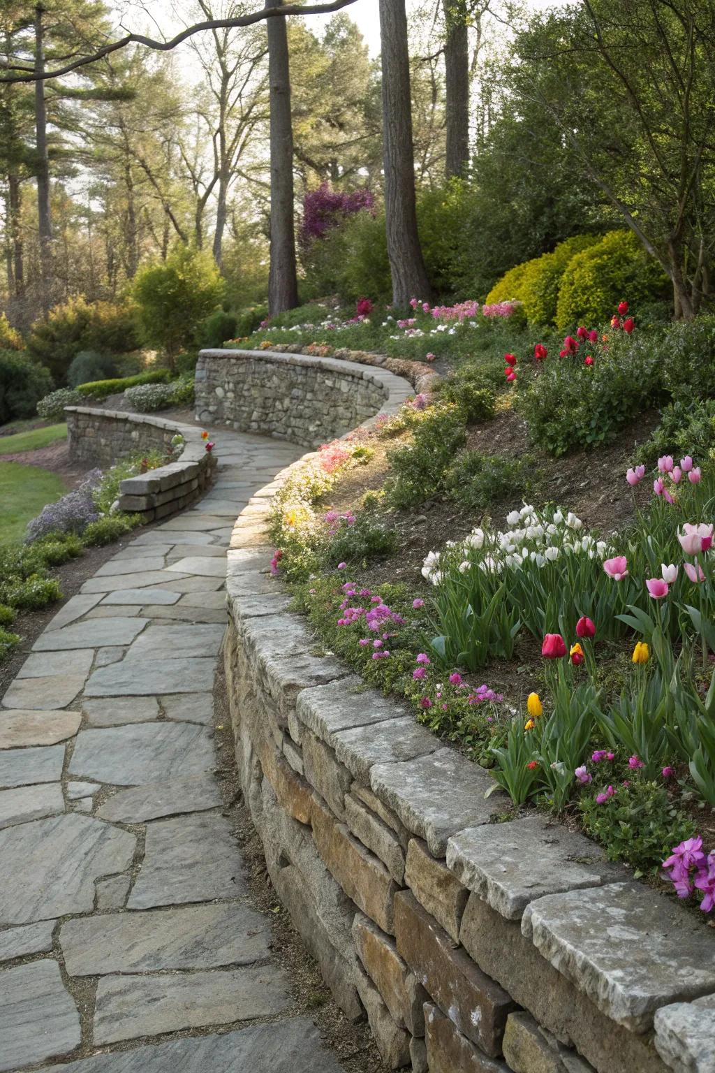 Curved stone wall adding a graceful touch to this lush garden.