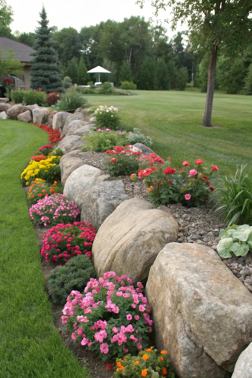 Large boulders create a dramatic border for garden beds.