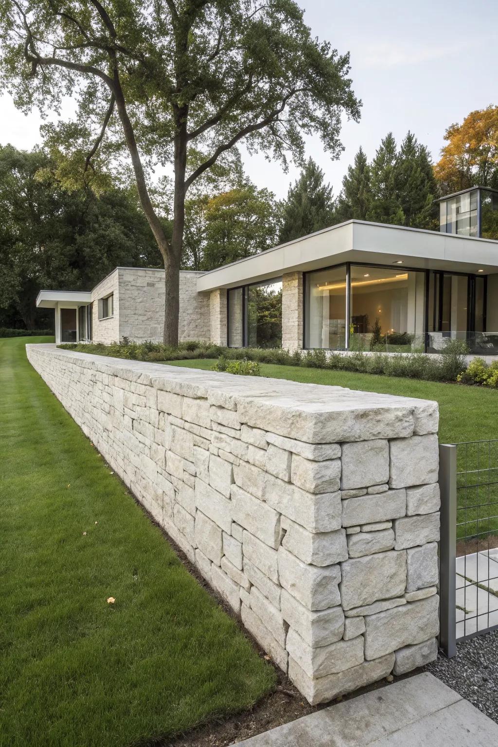 A modern minimalist stone wall showcases sleek lines and refined elegance.