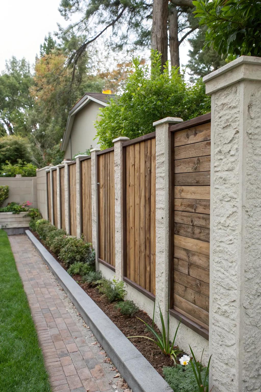Stucco wall with elegant wood panel inserts for a warm touch.