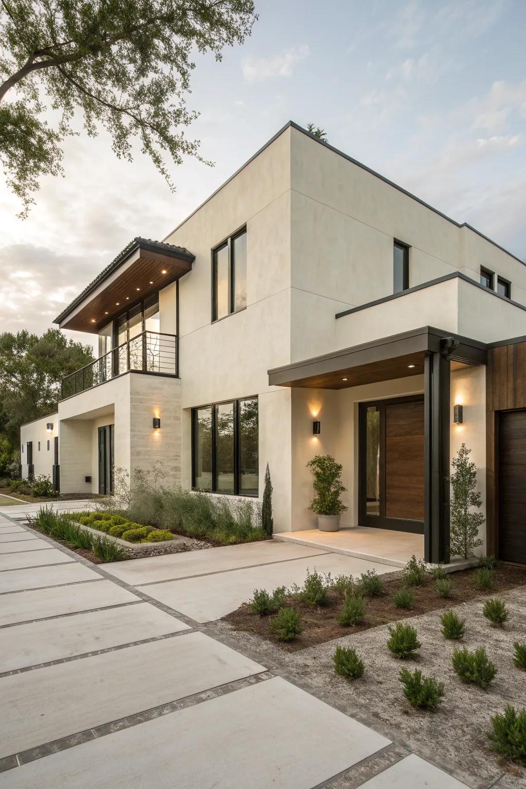 A minimalist stucco house with dark wood accents.