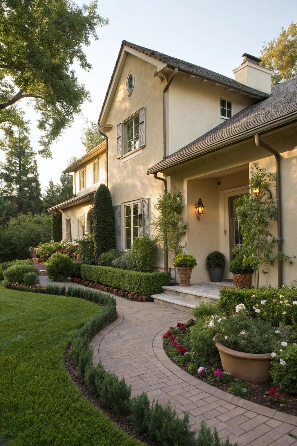 Beige stucco paired with verdant greenery creates a harmonious look.