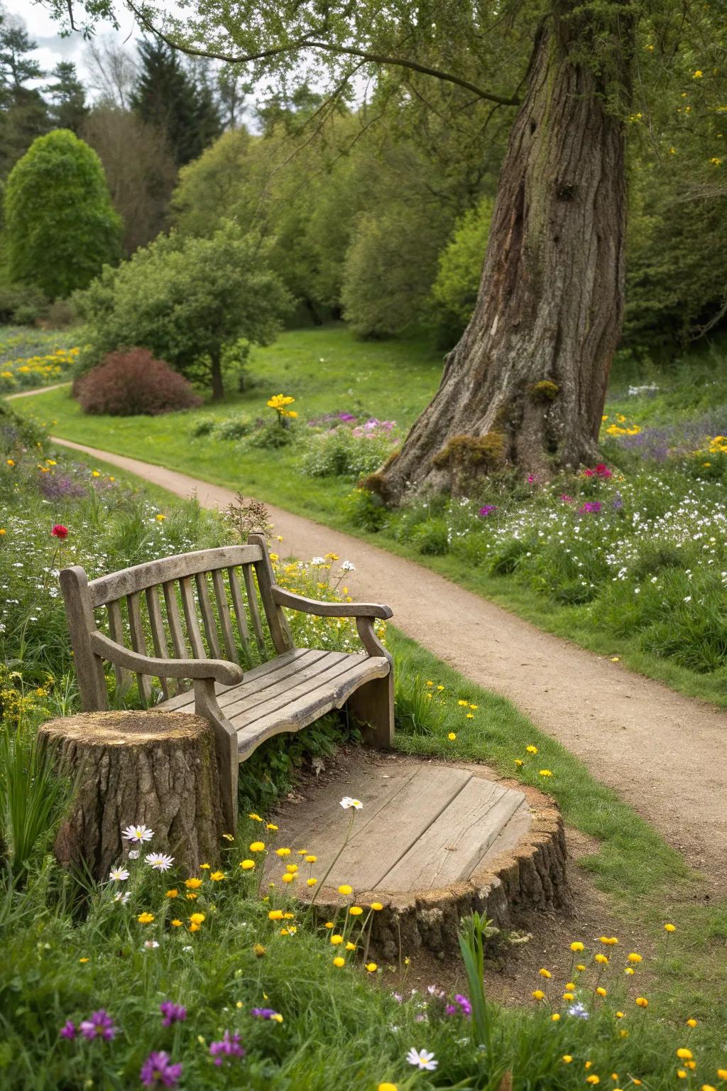 A large stump bench offers simple rustic charm amidst nature.