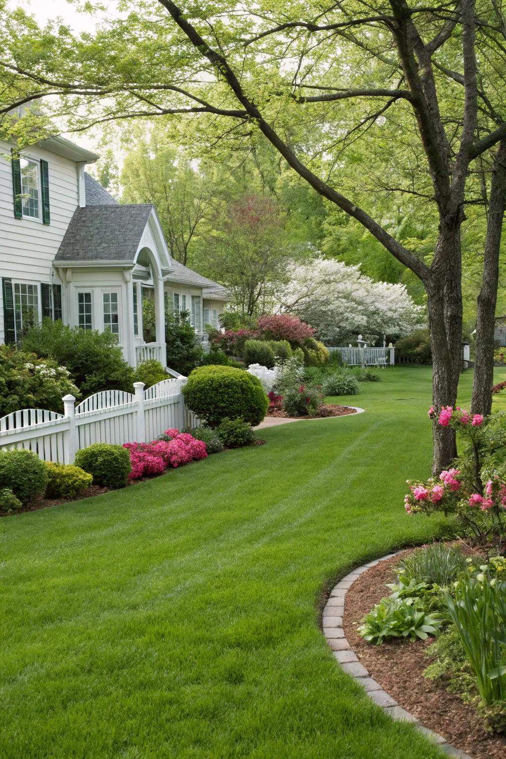 A lush green lawn forms the centerpiece of this suburban front yard.