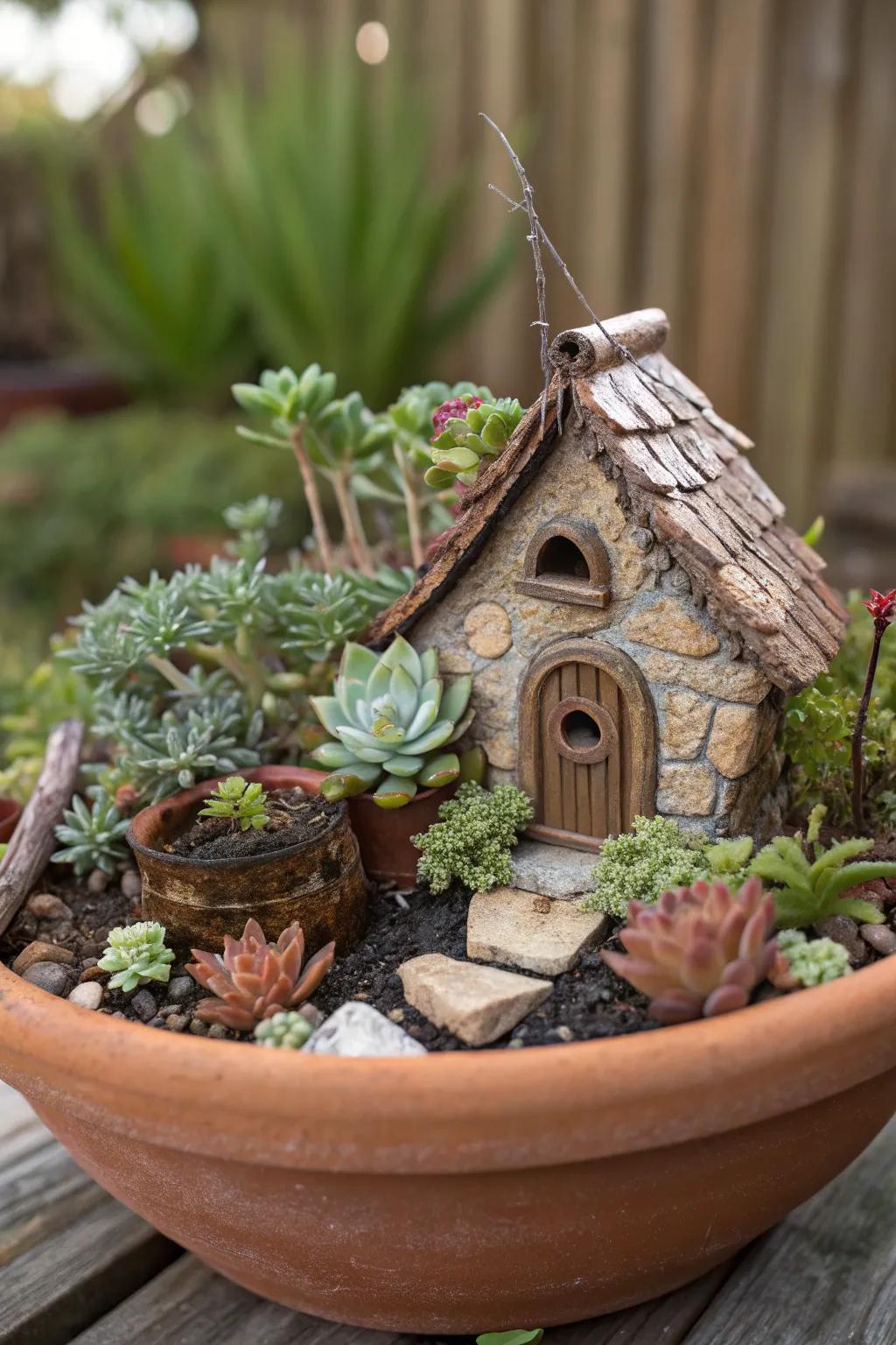 A tiny fairy house brings whimsy to a succulent garden.