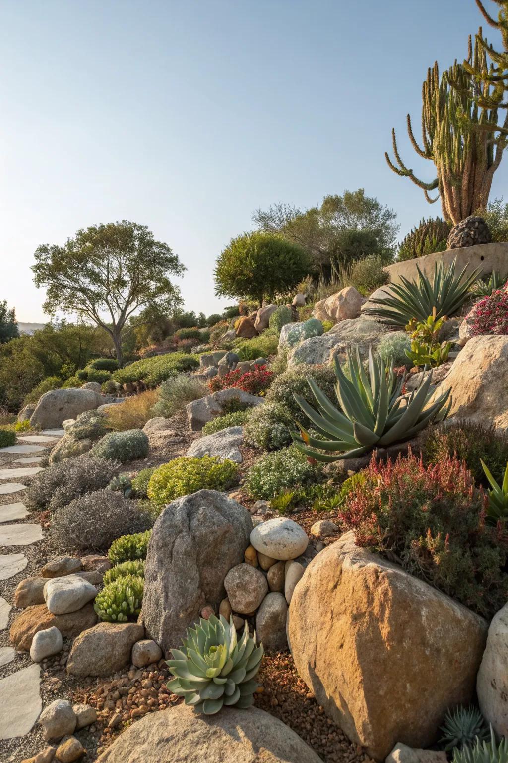 Rock garden with succulents creating a natural landscape