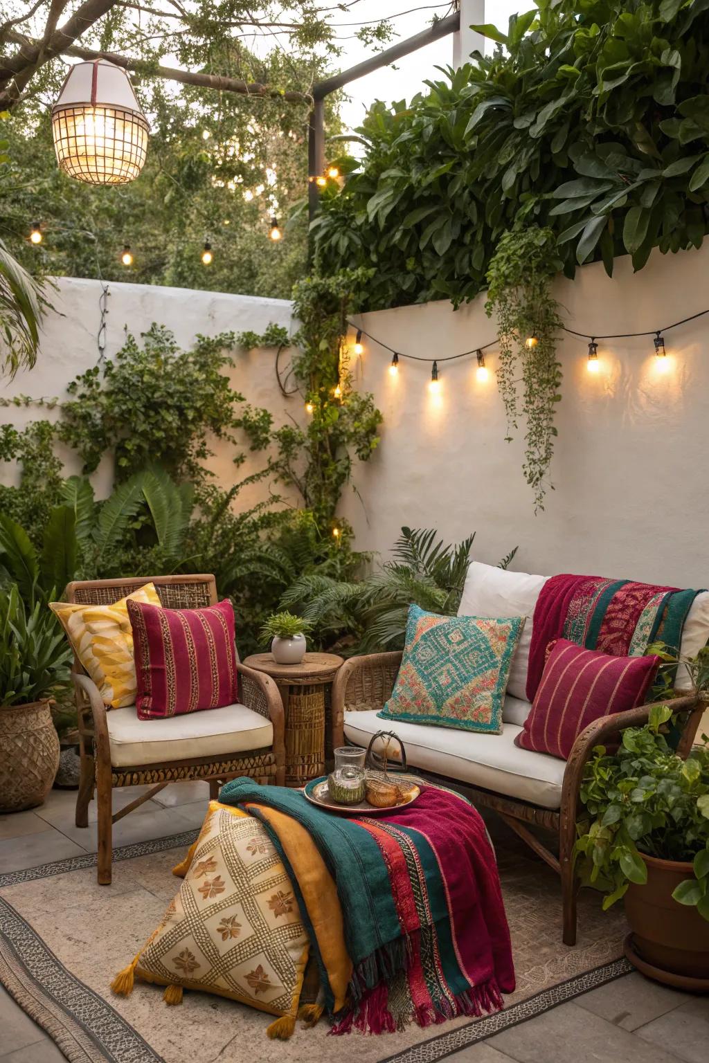 A cozy outdoor nook with colorful cushions surrounded by plants