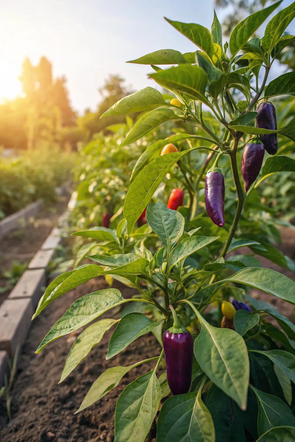 Peppers and eggplants thriving in the summer sun.