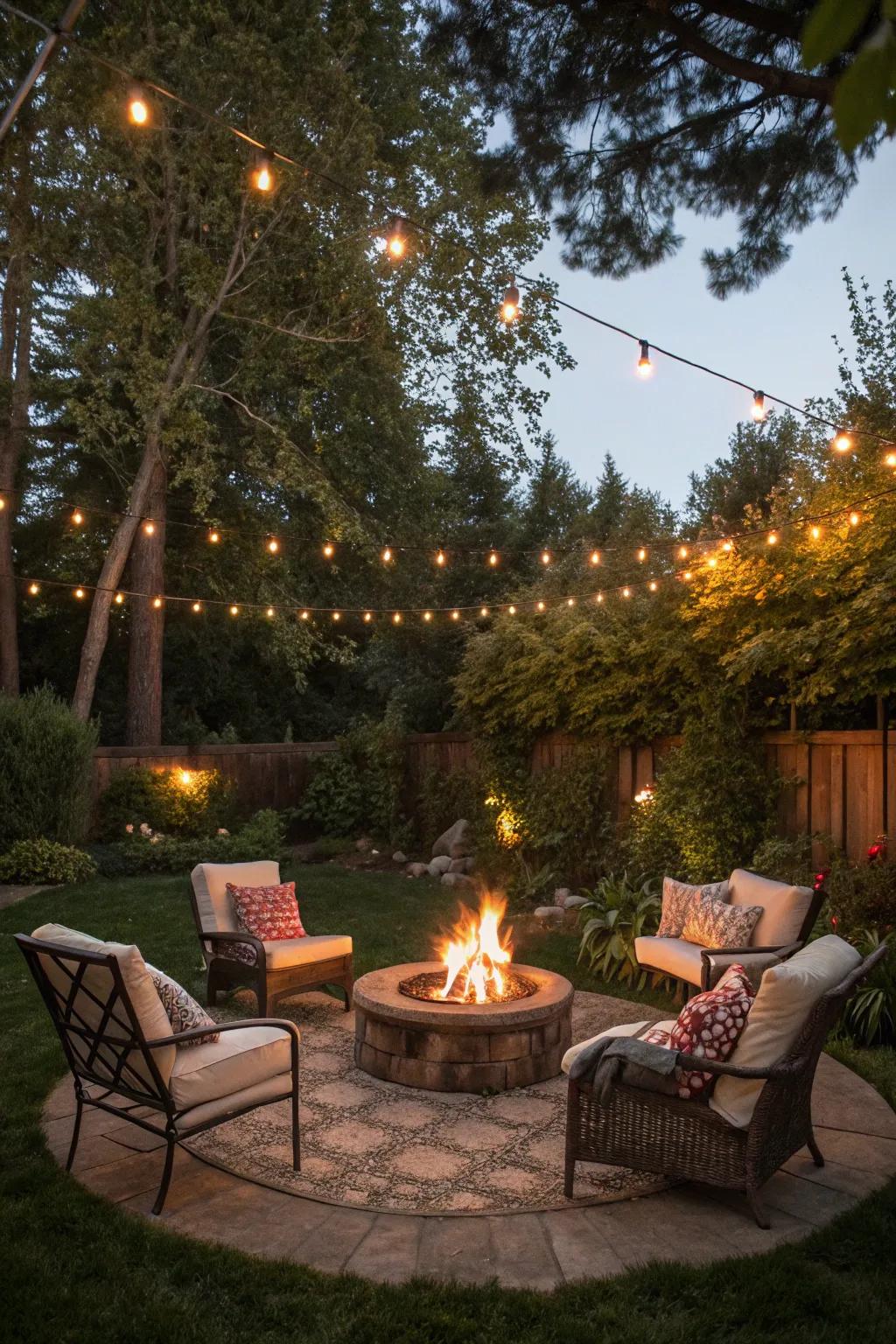 Create a cozy corner for evening gatherings with a stylish fire pit.