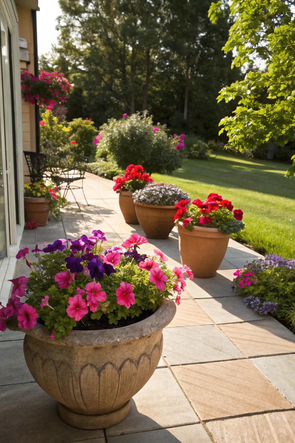 Classic clay pots filled with vibrant blooms bring a rustic charm to any patio.