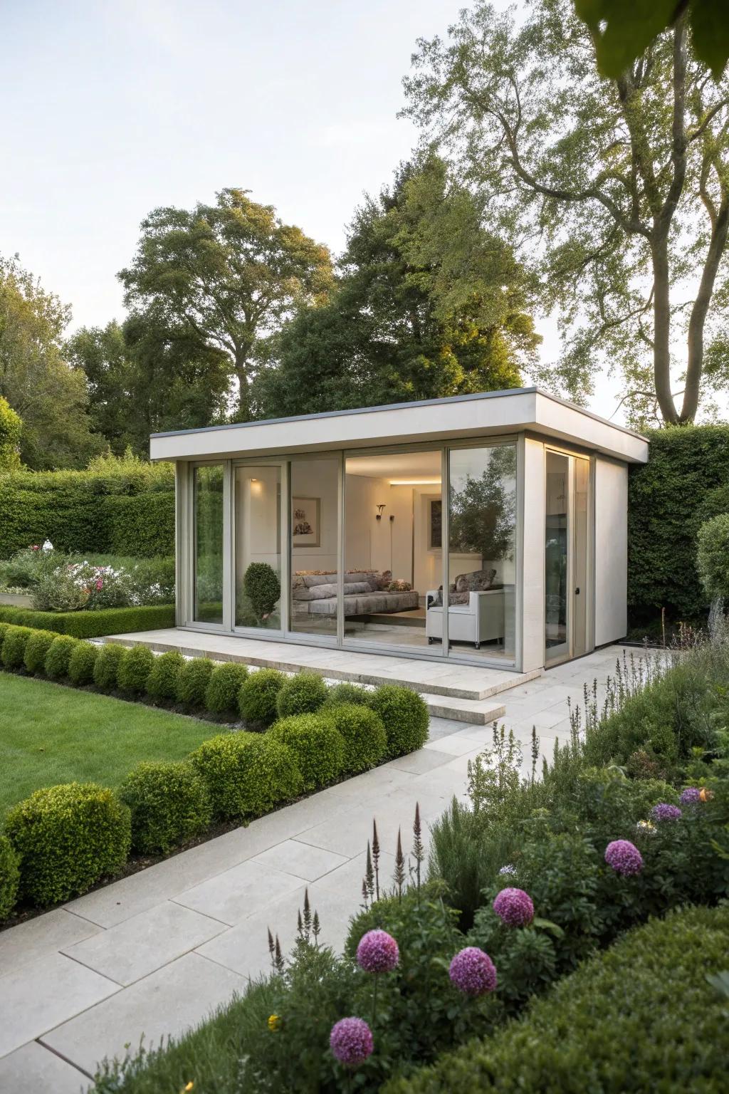 A sleek, minimalist summerhouse design that invites nature in.