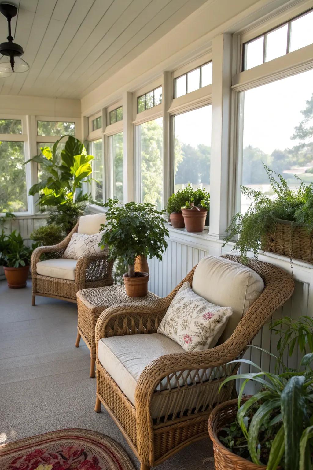 Wicker chairs and plush cushions create a cozy seating area on a sun porch.