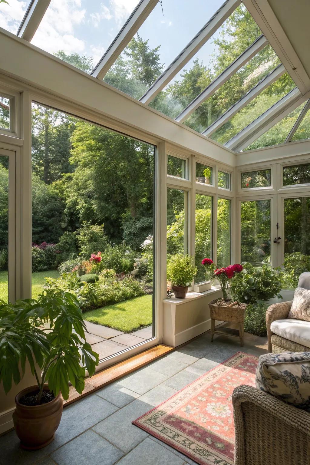 Floor-to-ceiling windows create a bright and airy sunroom.