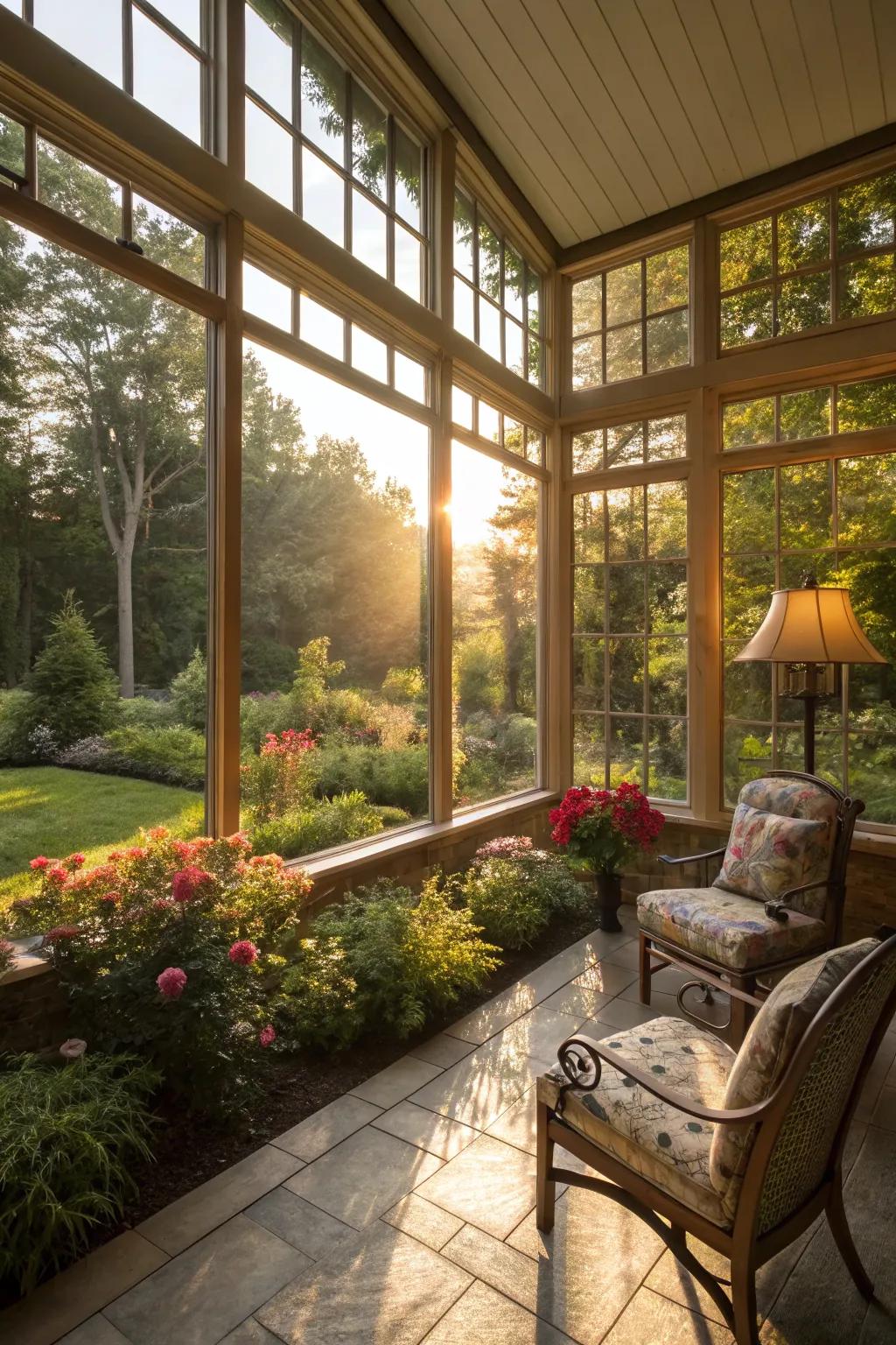 Sunlight floods a sunroom through expansive floor-to-ceiling windows.