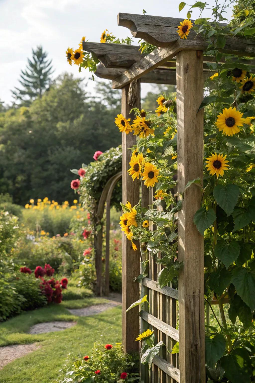 A rustic wooden trellis perfectly supporting vibrant sunflowers.