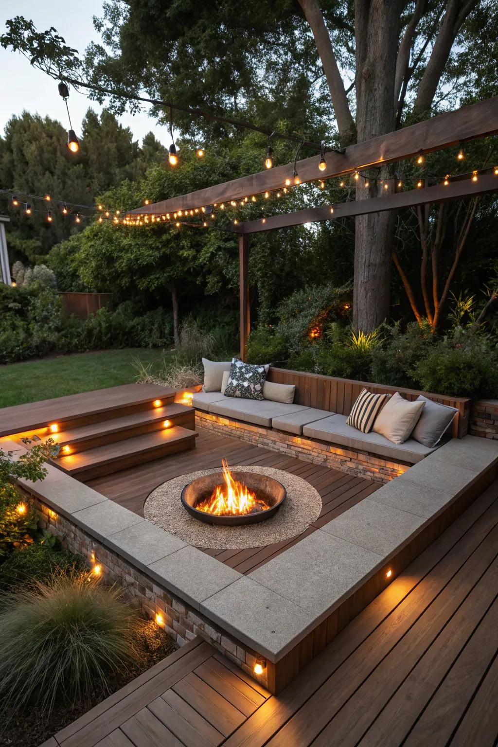 A sunken deck with a central fire pit creates a cozy ambiance perfect for gatherings.