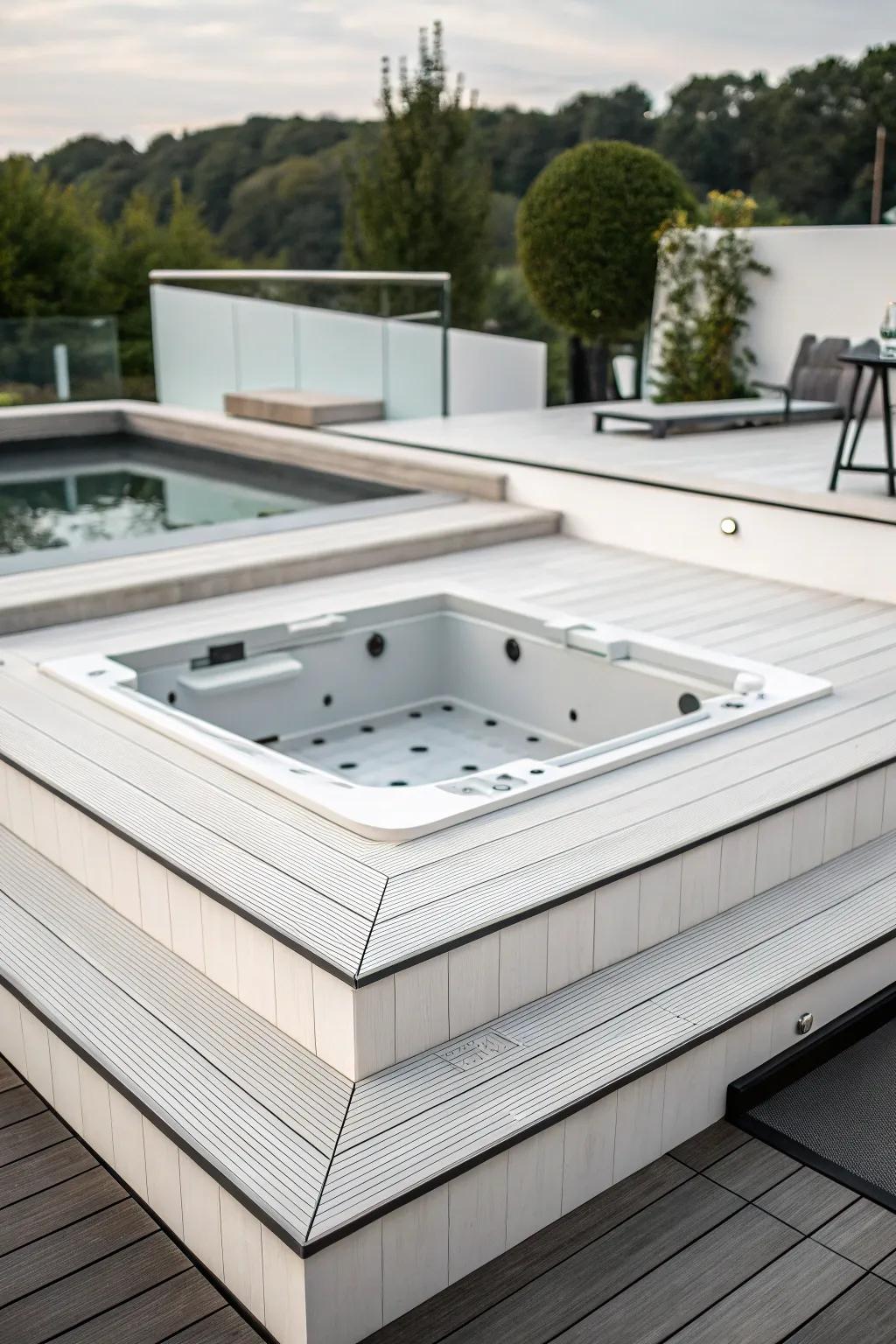 A modern minimalist sunken hot tub deck with monochrome elegance.