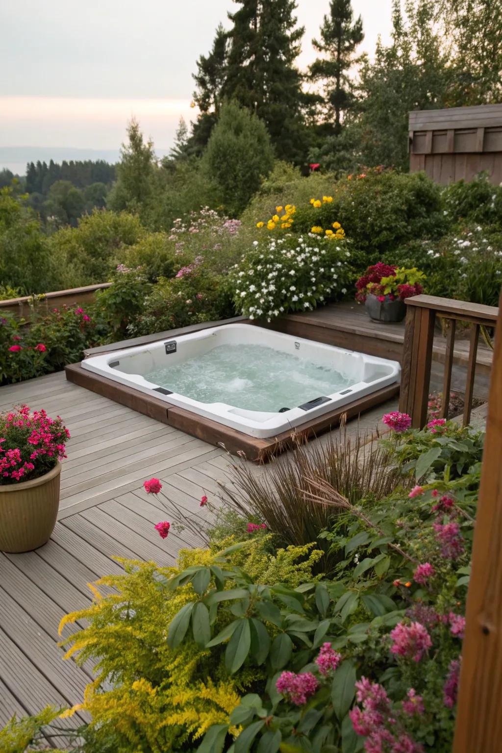 A hot tub nestled within nature, offering a tranquil retreat.