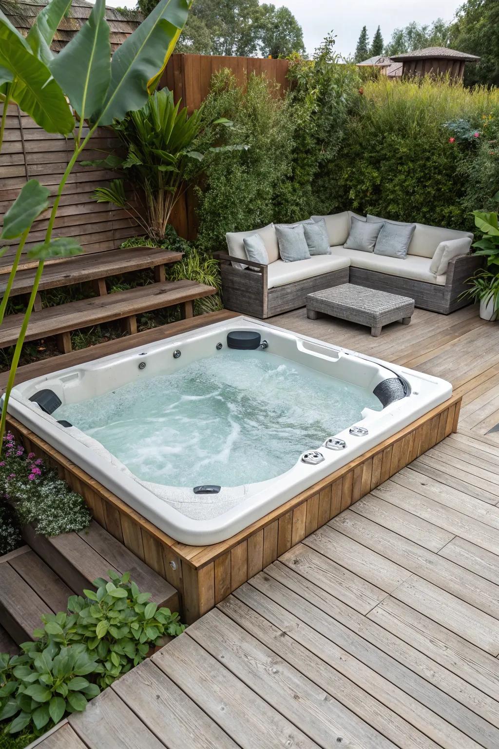 A hot tub nestled in harmony with a wooden deck creates a seamless outdoor retreat.