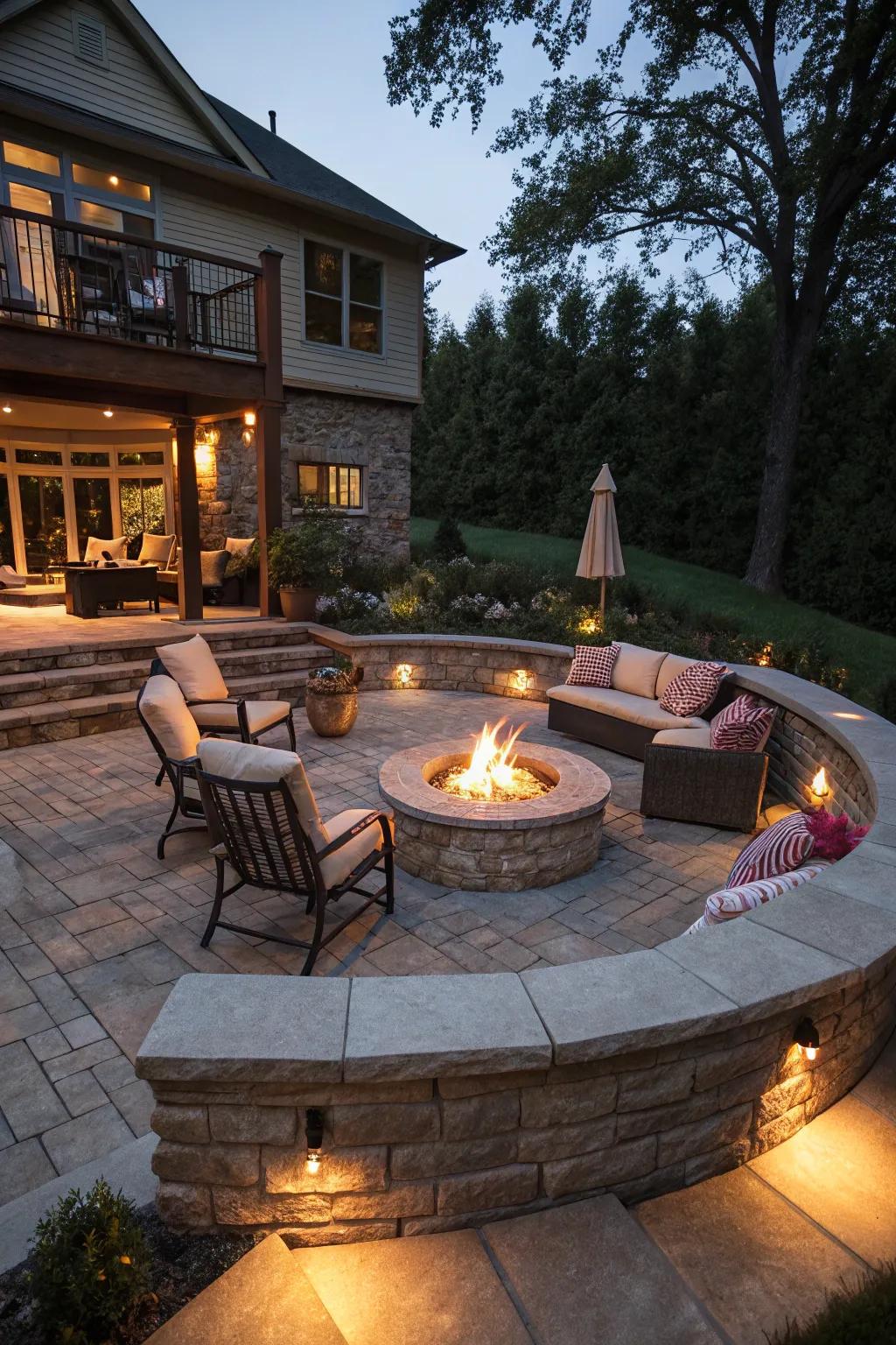 A cozy sunken patio with a central fire pit perfect for evening gatherings.