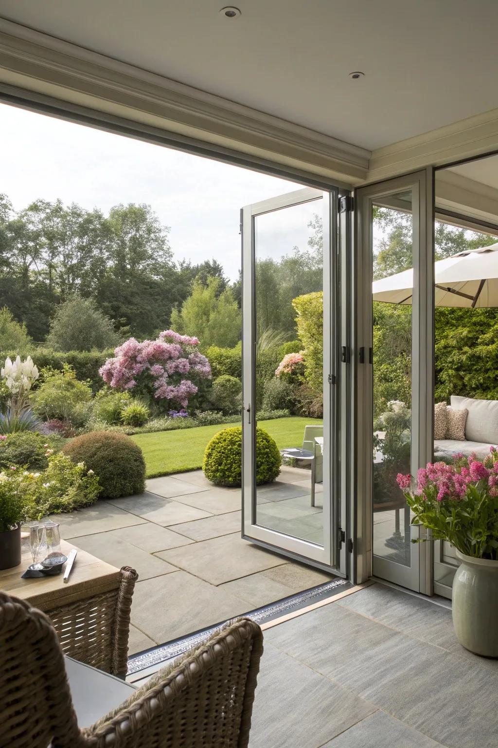 Sleek sliding glass doors offering a panoramic garden view.