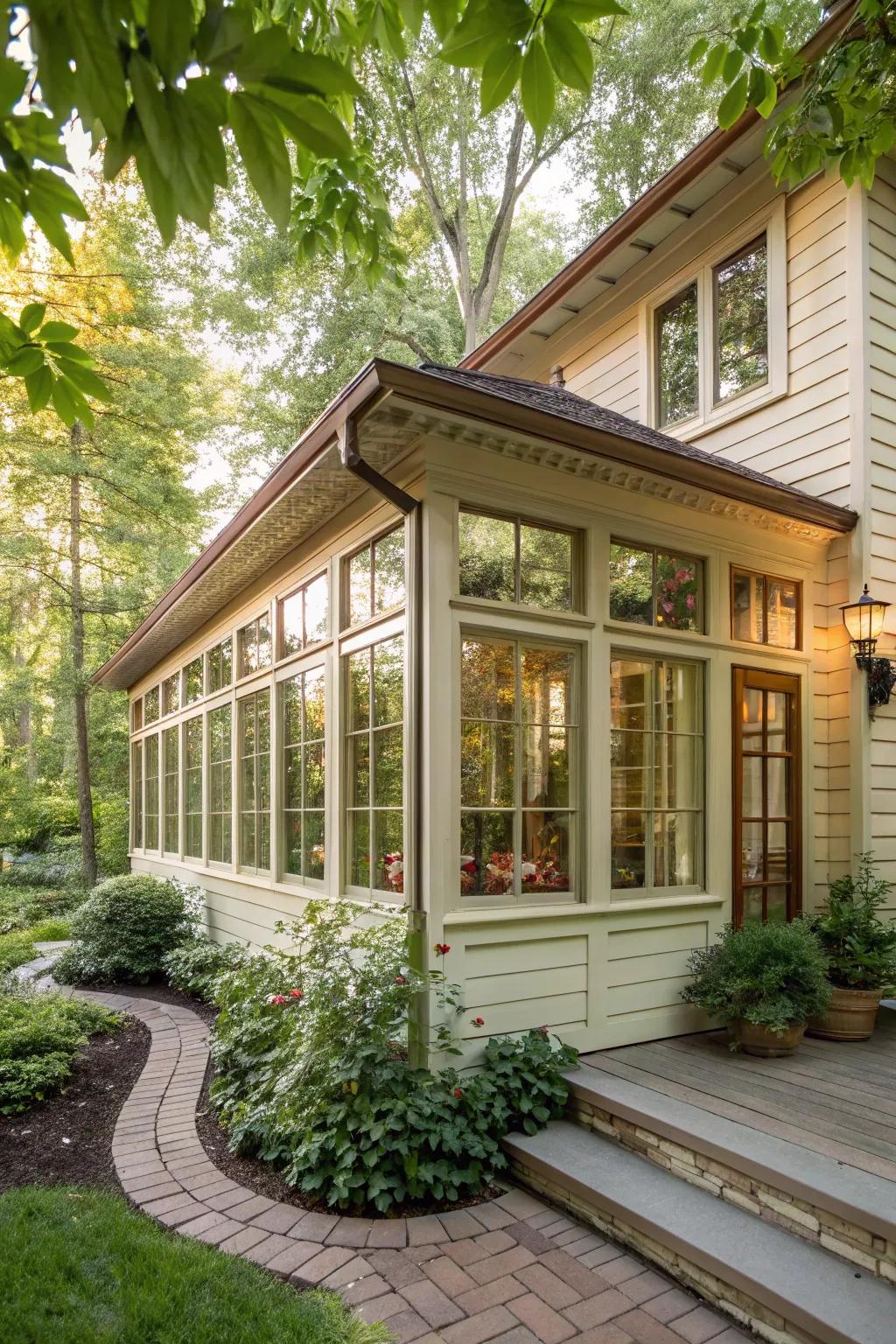 A sunroom with classic wood siding, perfectly nestled in a green setting.