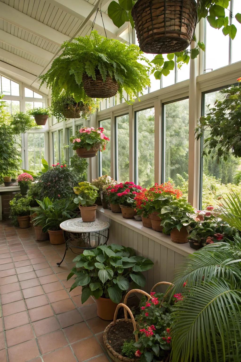 Transform your sunroom into a green oasis with a mix of plants.