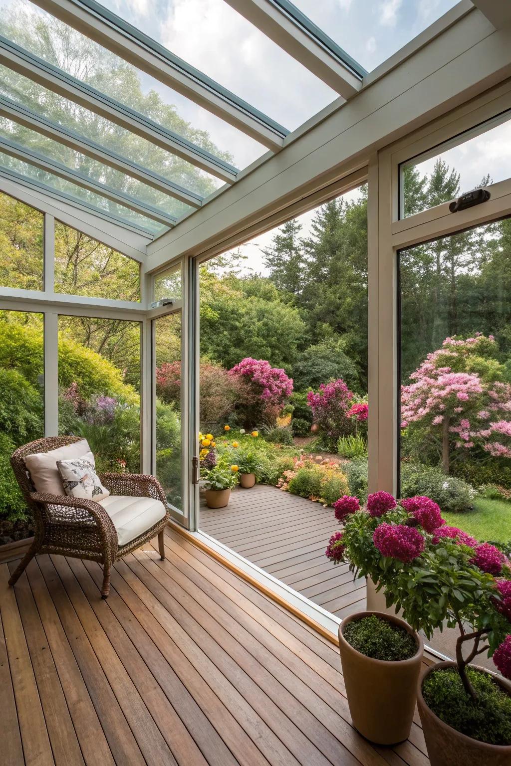 Floor-to-ceiling glass walls offer stunning views from a deck sunroom.