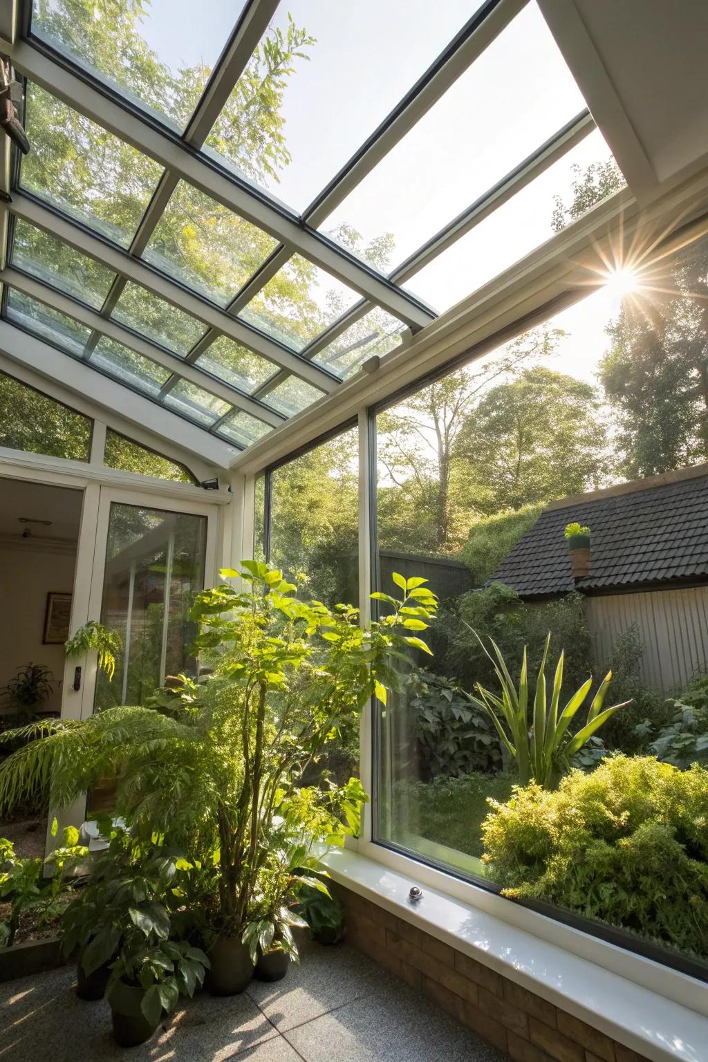 A glass roof sunroom bathes your space in natural light.