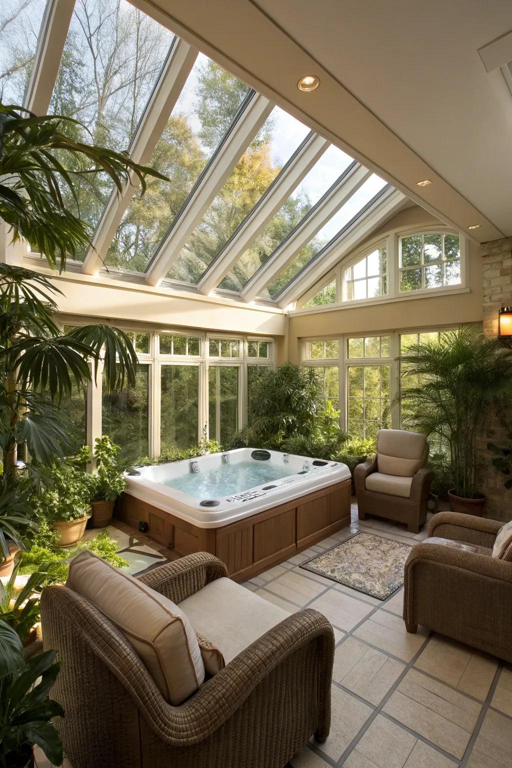 Sunroom basking in natural light with a relaxing hot tub.